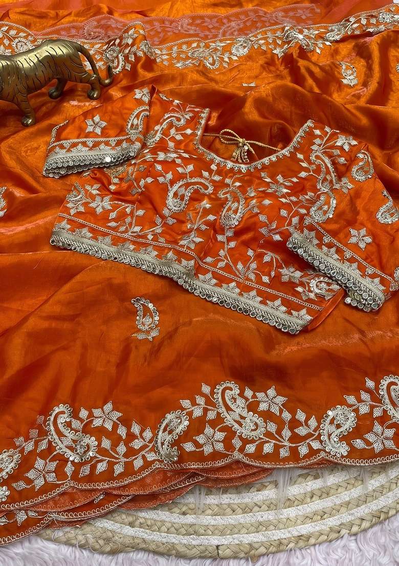 Orange Sequin Work Satin Saree Set - Indya
