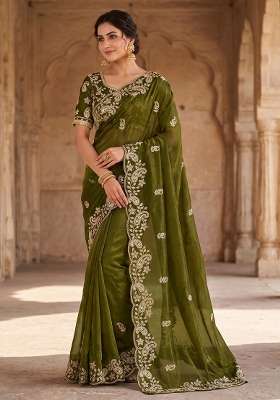 Mehendi Green Sequin Work Satin Saree Set