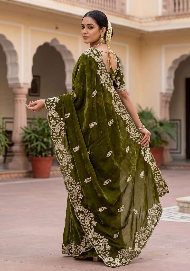 Mehendi Green Sequin Work Satin Saree Set - Indya