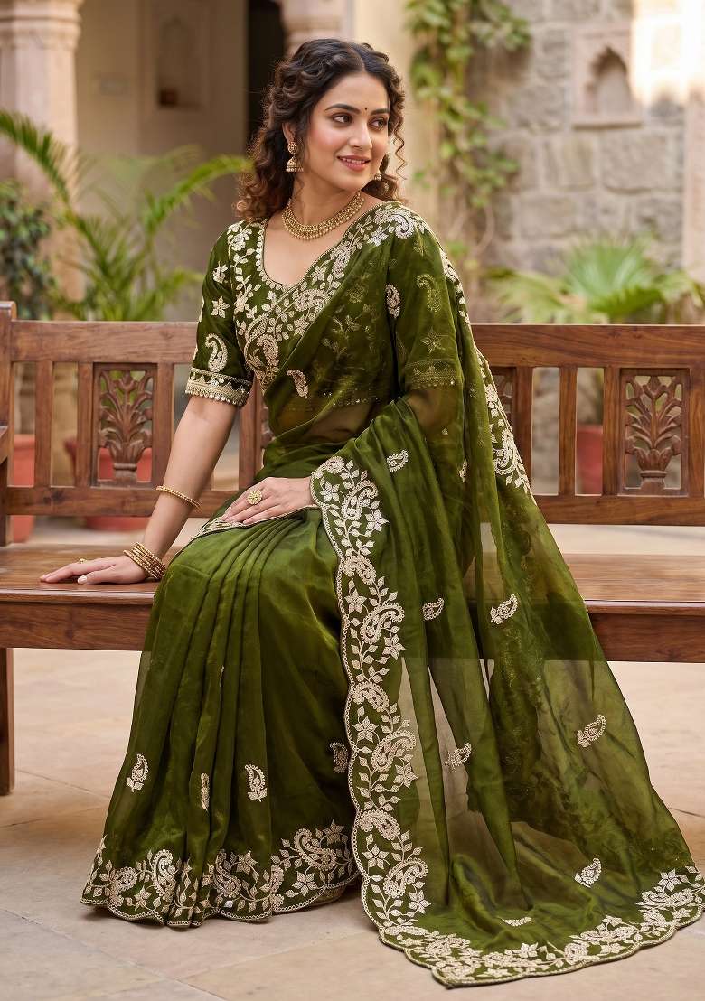 Mehendi Green Sequin Work Satin Saree Set - Indya