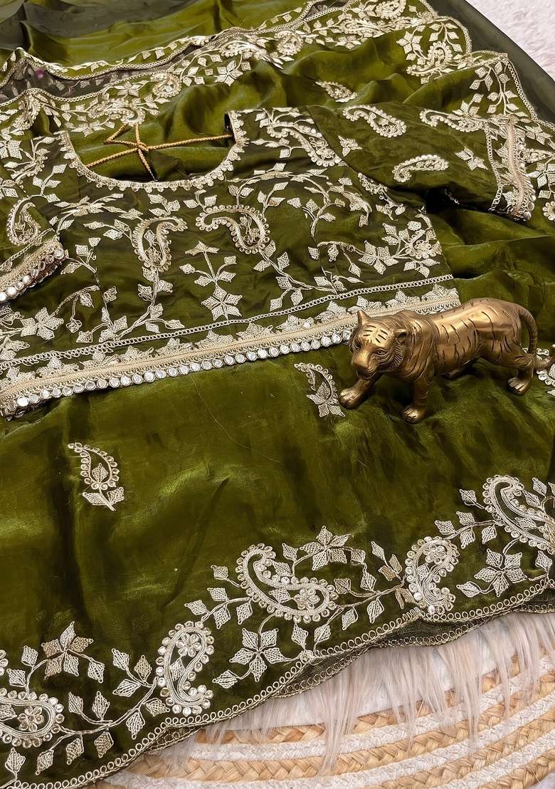 Mehendi Green Sequin Work Satin Saree Set - Indya
