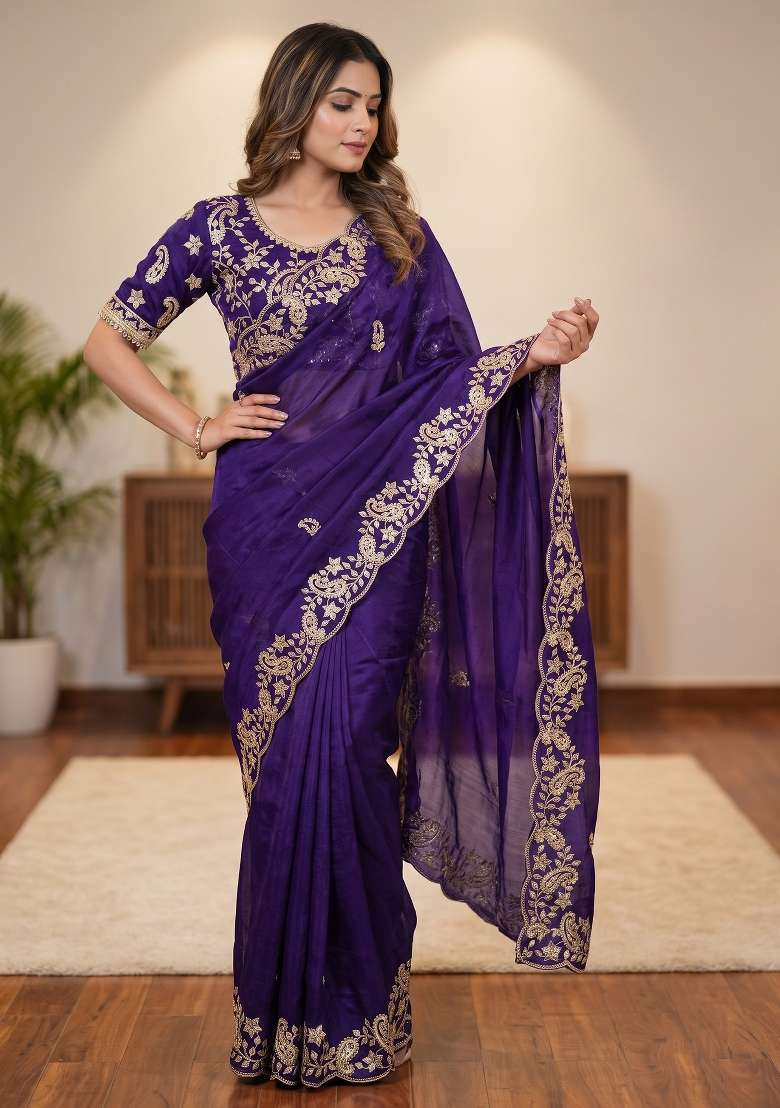 Royal Blue Sequin Work Satin Saree Set - Indya