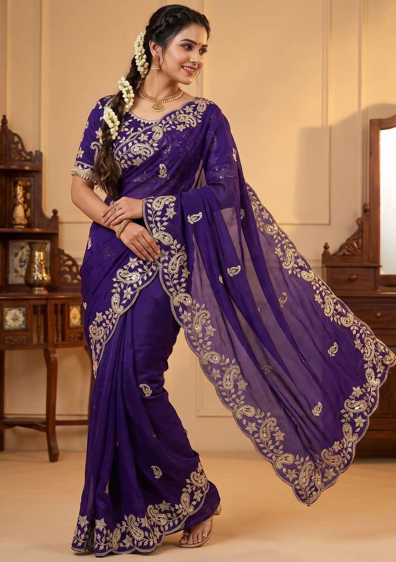 Royal Blue Sequin Work Satin Saree Set - Indya