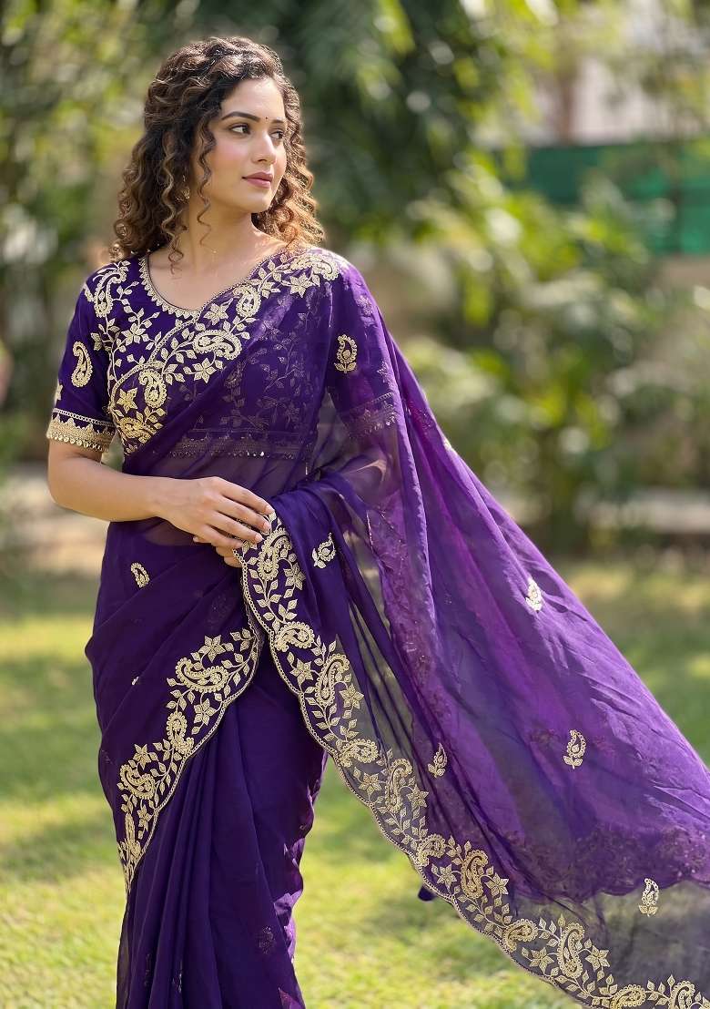Royal Blue Sequin Work Satin Saree Set - Indya