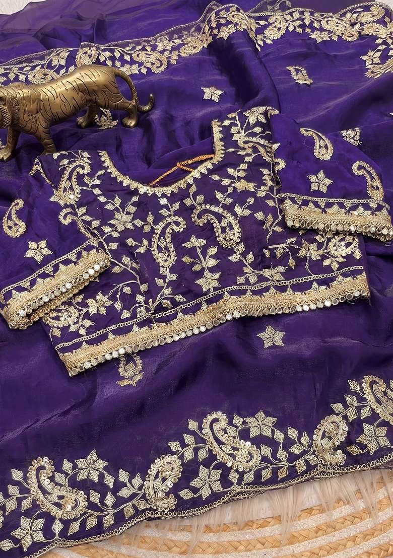 Royal Blue Sequin Work Satin Saree Set - Indya