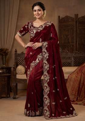 Maroon Sequin Work Satin Saree Set