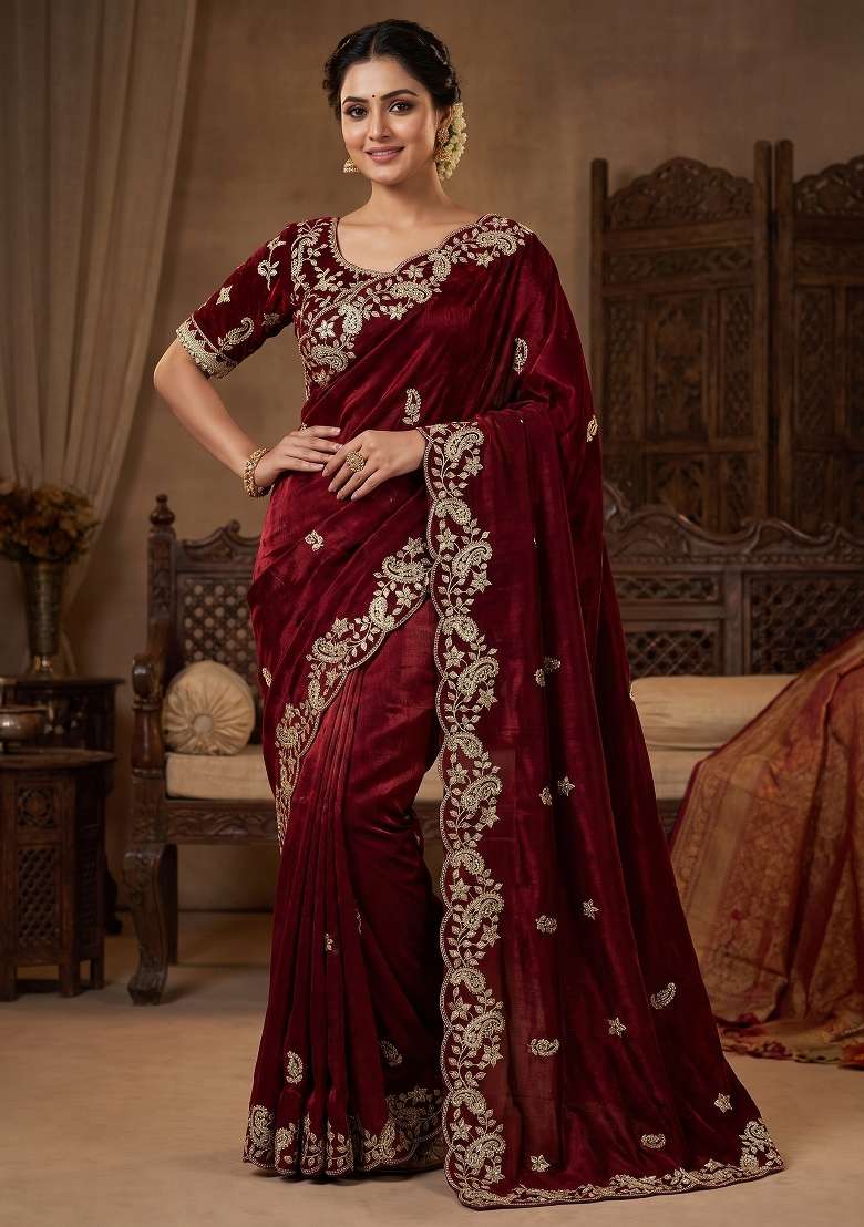 Maroon Sequin Work Satin Saree Set - Indya