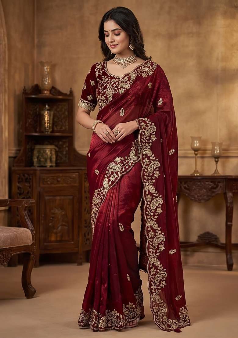 Maroon Sequin Work Satin Saree Set - Indya