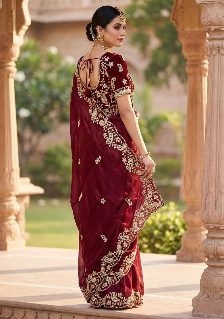 Maroon Sequin Work Satin Saree Set - Indya