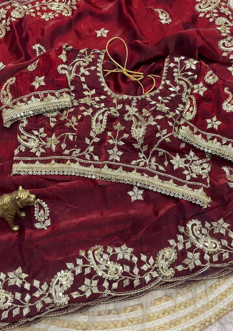 Maroon Sequin Work Satin Saree Set - Indya