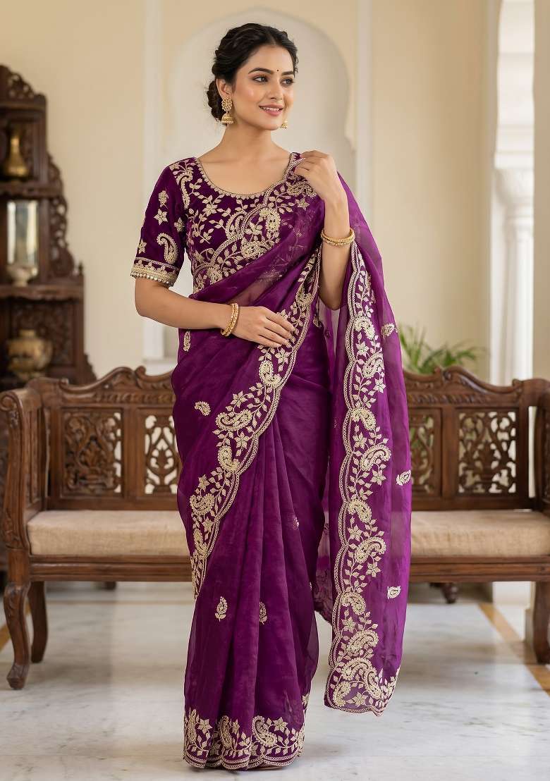 Purple Sequin Work Satin Saree Set - Indya