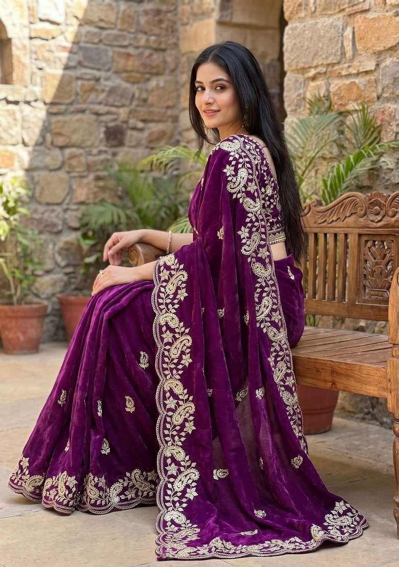Purple Sequin Work Satin Saree Set - Indya