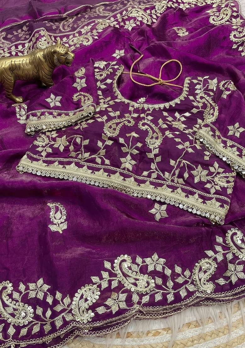 Purple Sequin Work Satin Saree Set - Indya