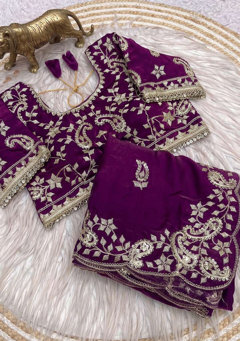 Purple Sequin Work Satin Saree Set - Indya