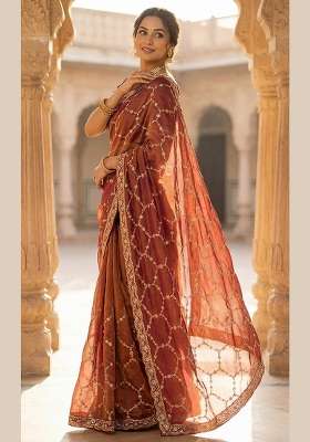 Rust Orange Geomatric Silk Saree Set