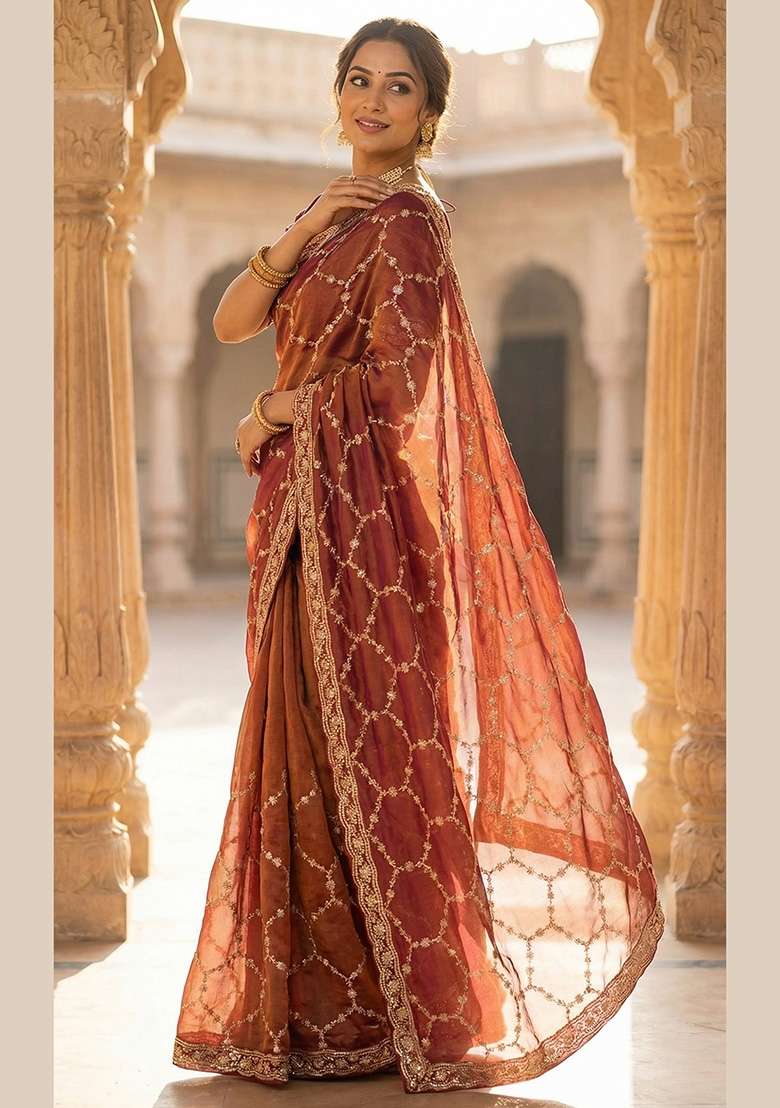Rust Orange Geomatric Silk Saree Set - Indya