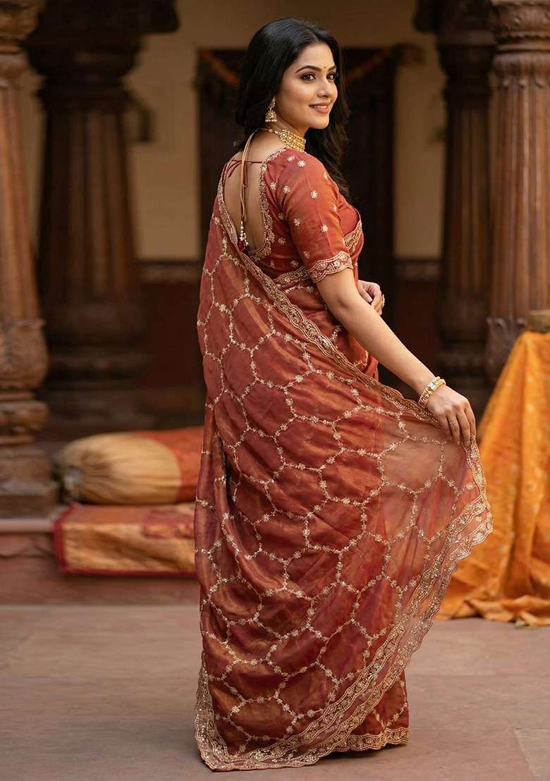 Rust Orange Geomatric Silk Saree Set - Indya