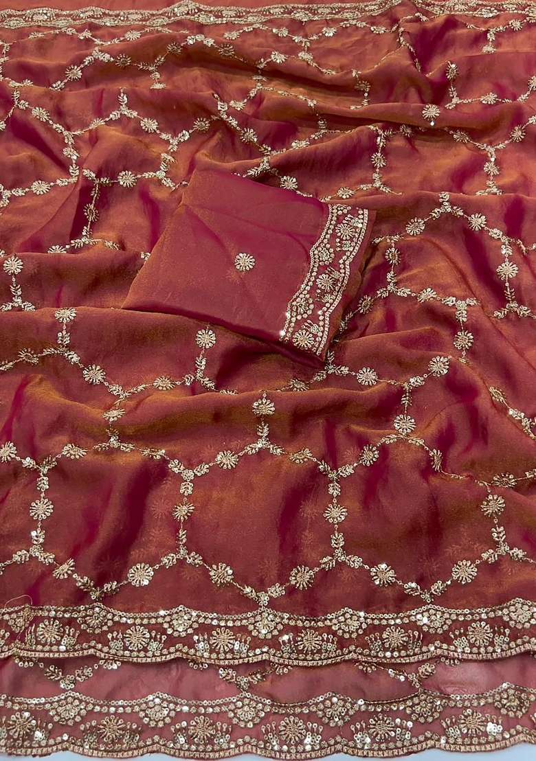 Rust Orange Geomatric Silk Saree Set - Indya