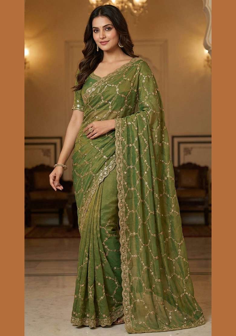 Olive Green Geomatric Silk Saree Set - Indya