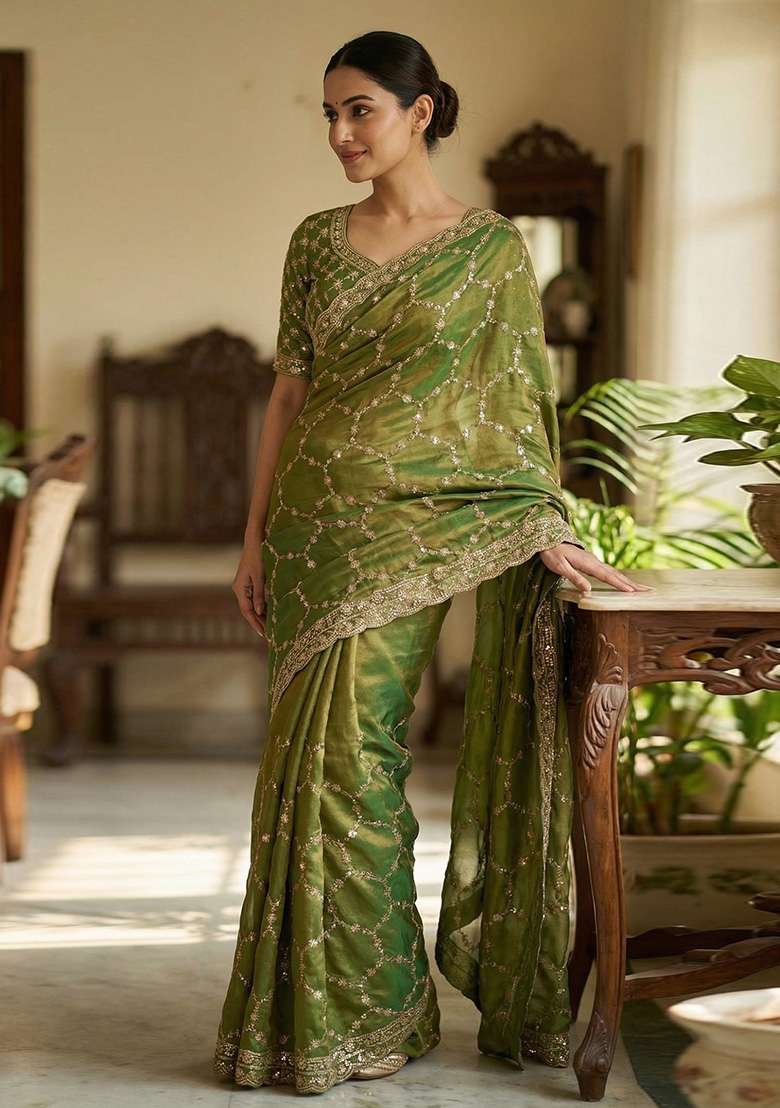 Olive Green Geomatric Silk Saree Set - Indya