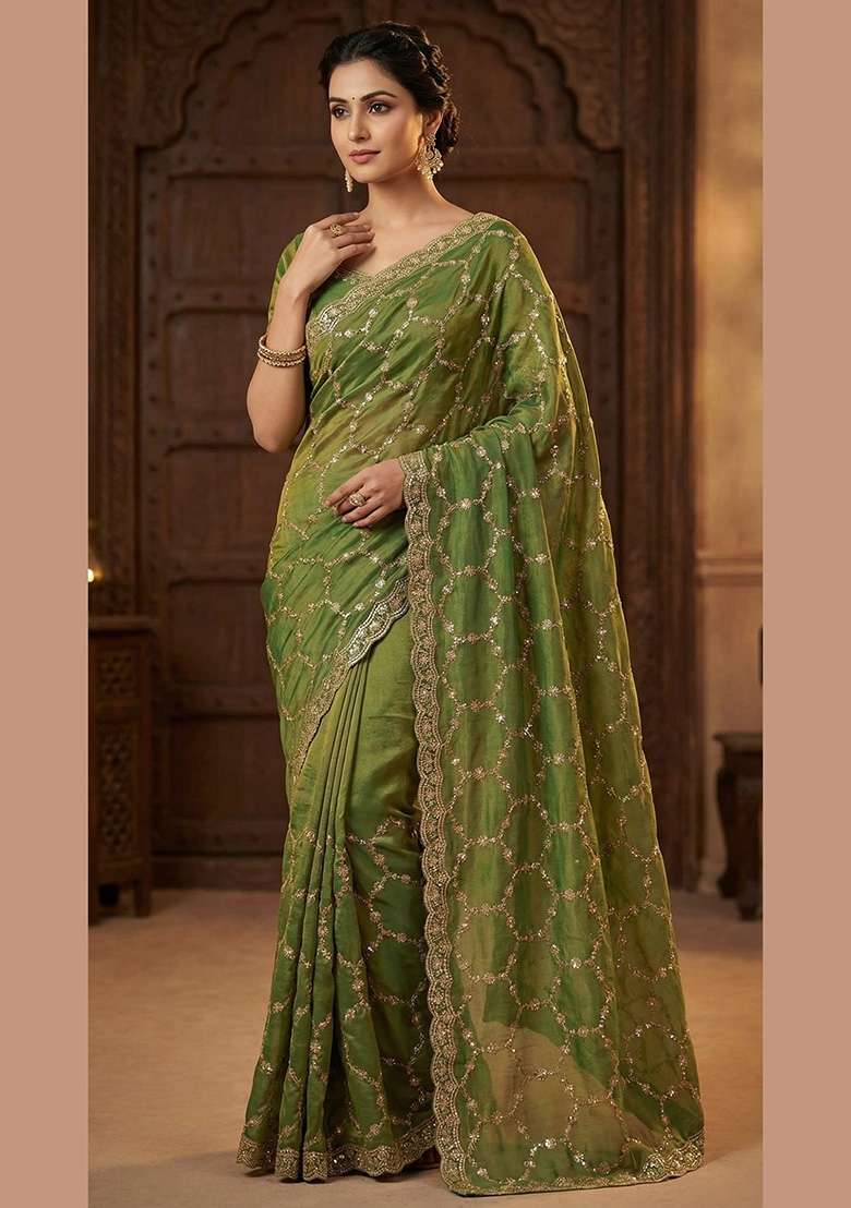 Olive Green Geomatric Silk Saree Set - Indya