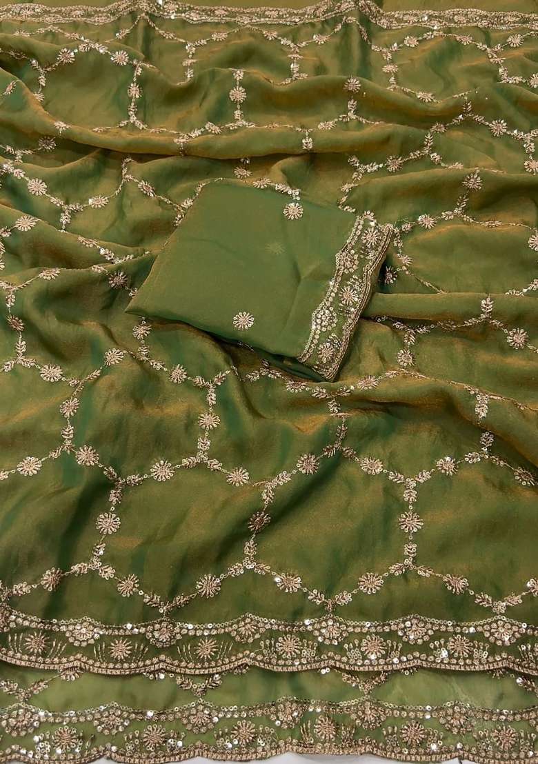 Olive Green Geomatric Silk Saree Set - Indya