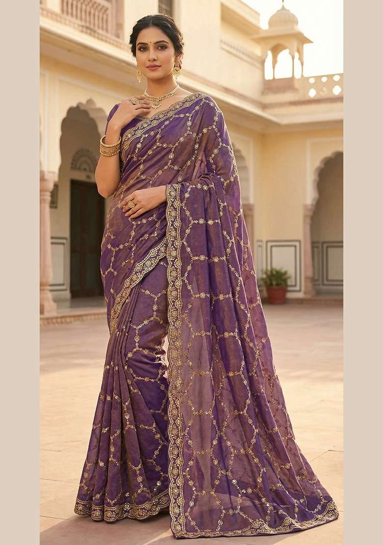 Purple Geomatric Silk Saree Set - Indya