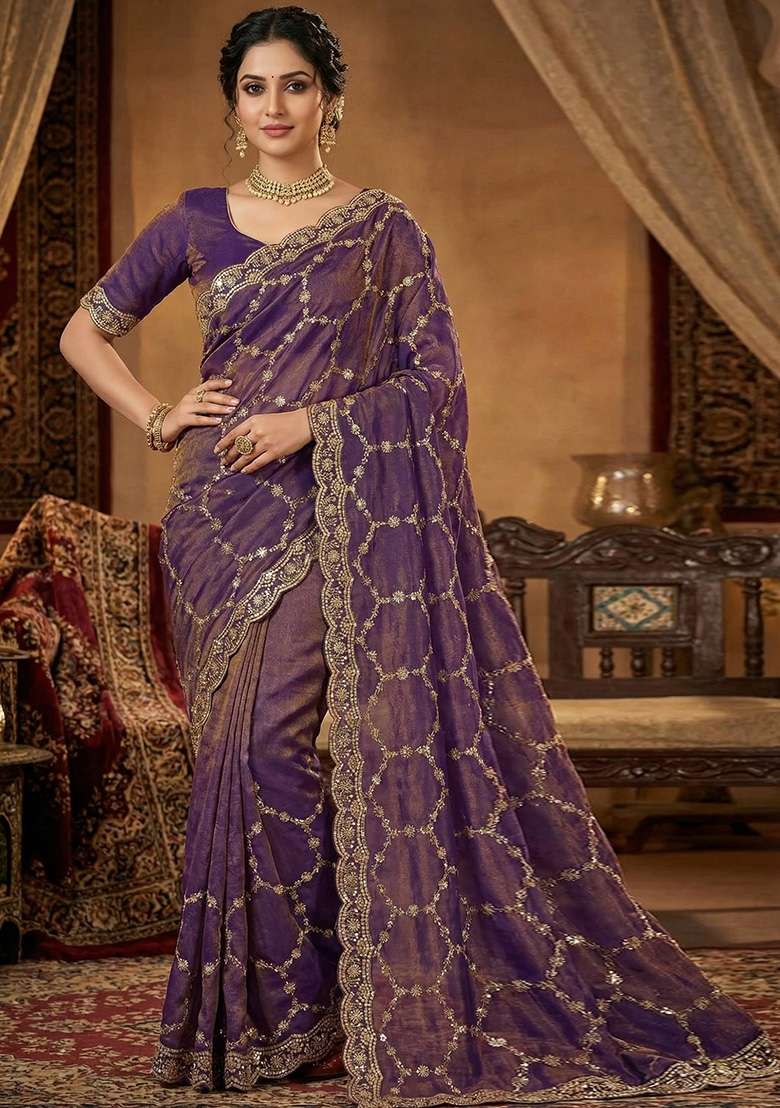 Purple Geomatric Silk Saree Set - Indya