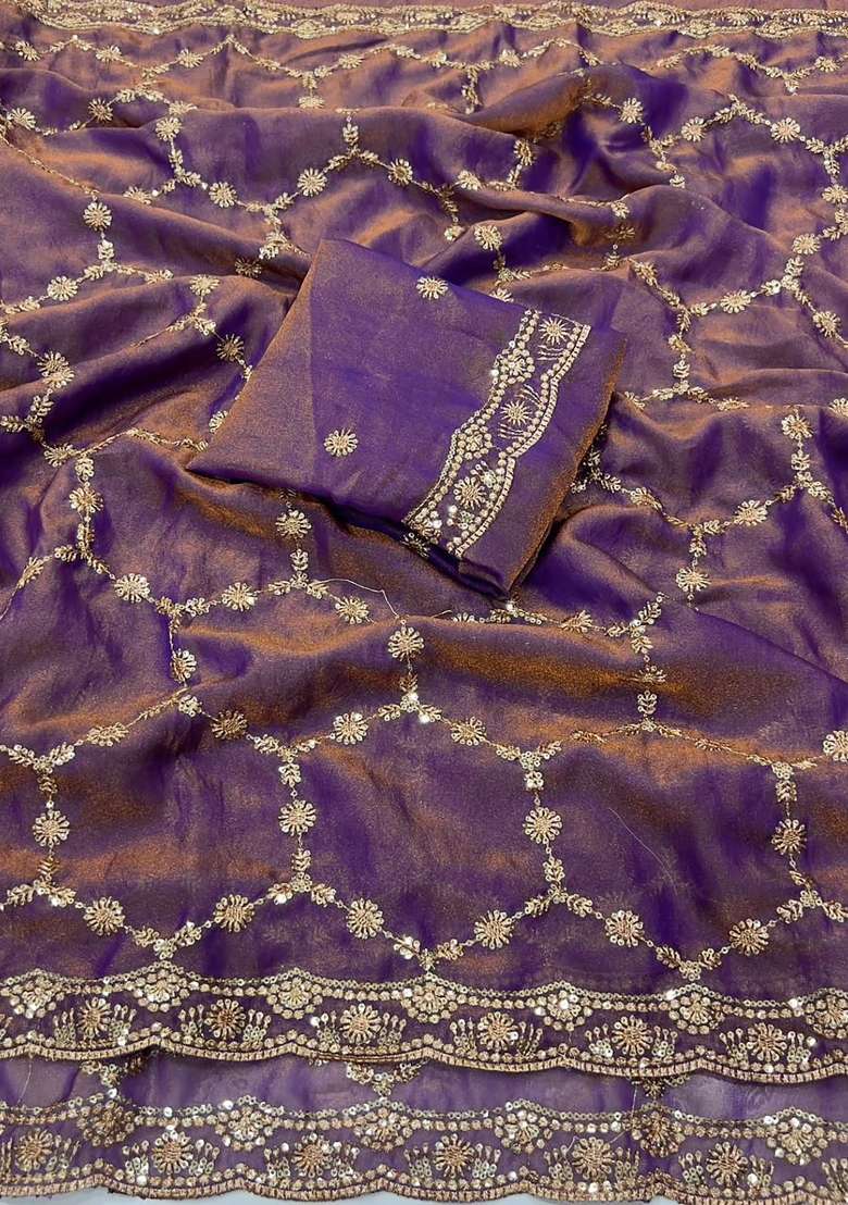 Purple Geomatric Silk Saree Set - Indya