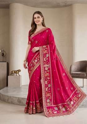 Rani Pink Floral Print Silk Saree Set