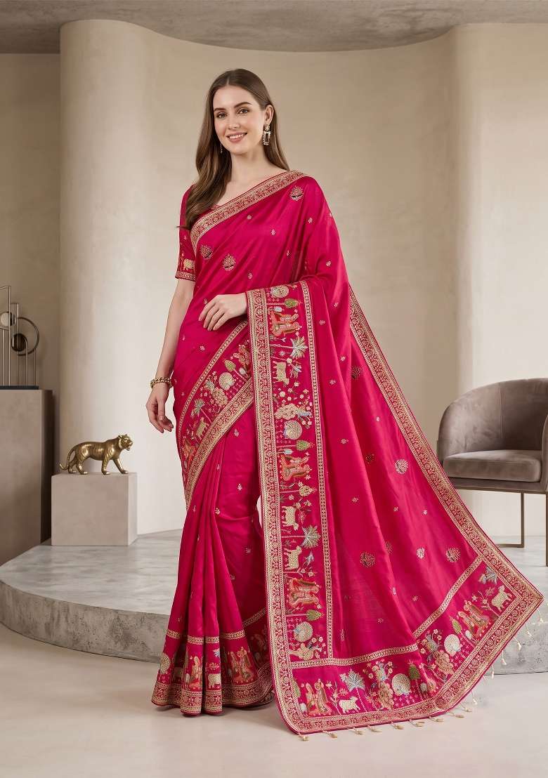 Rani Pink Floral Print Silk Saree Set - Indya