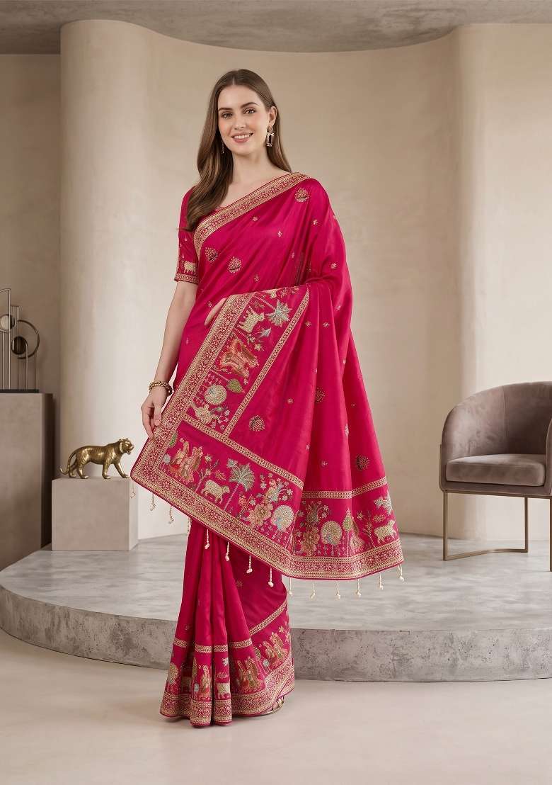 Rani Pink Floral Print Silk Saree Set - Indya