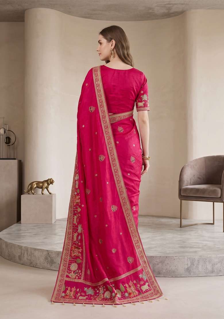 Rani Pink Floral Print Silk Saree Set - Indya