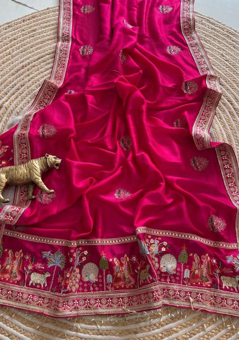 Rani Pink Floral Print Silk Saree Set - Indya
