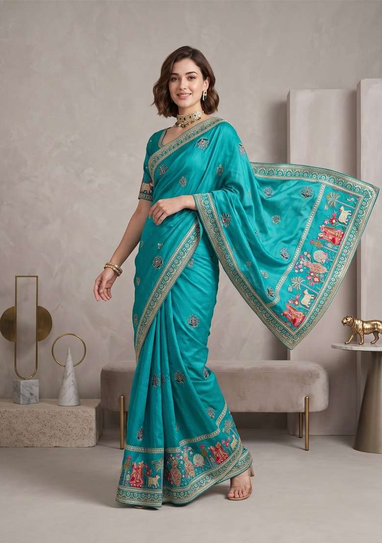 Turquoise Floral Print Silk Saree Set - Indya