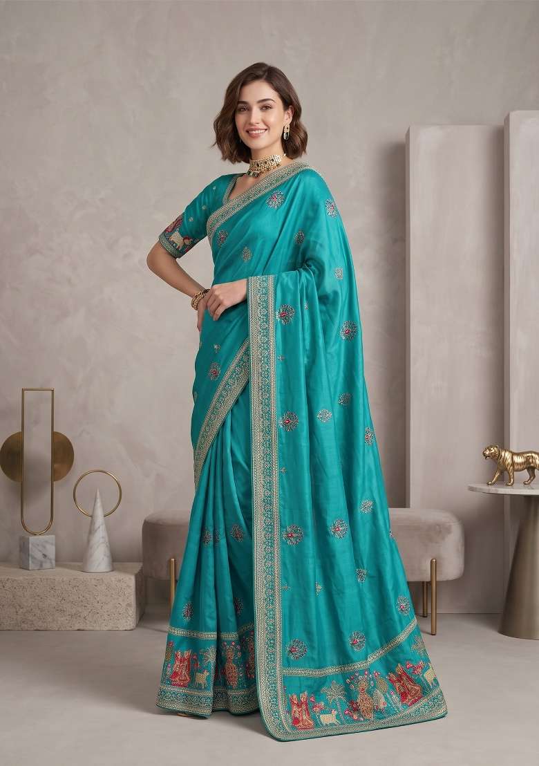 Turquoise Floral Print Silk Saree Set - Indya