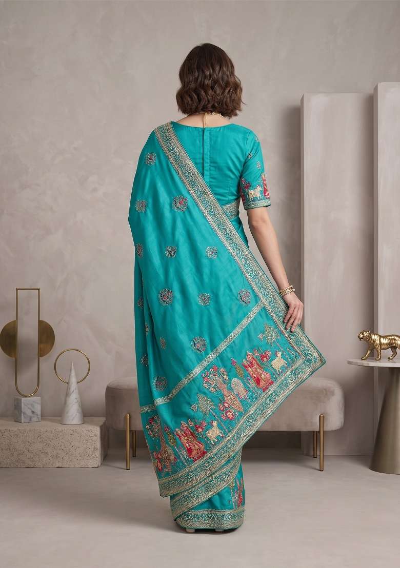 Turquoise Floral Print Silk Saree Set - Indya