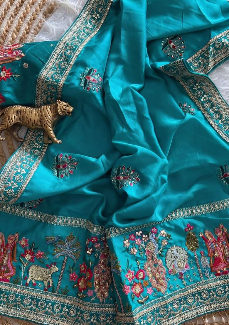 Turquoise Floral Print Silk Saree Set - Indya