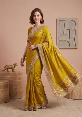 Mustard Floral Print Silk Saree Set