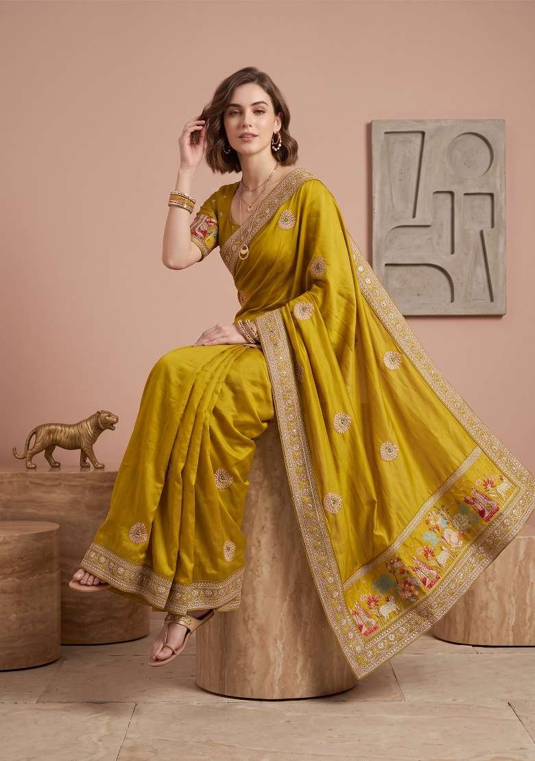 Mustard Floral Print Silk Saree Set - Indya