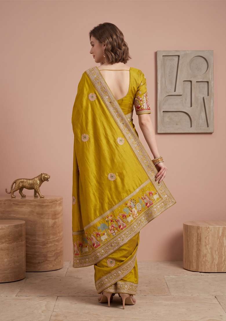 Mustard Floral Print Silk Saree Set - Indya