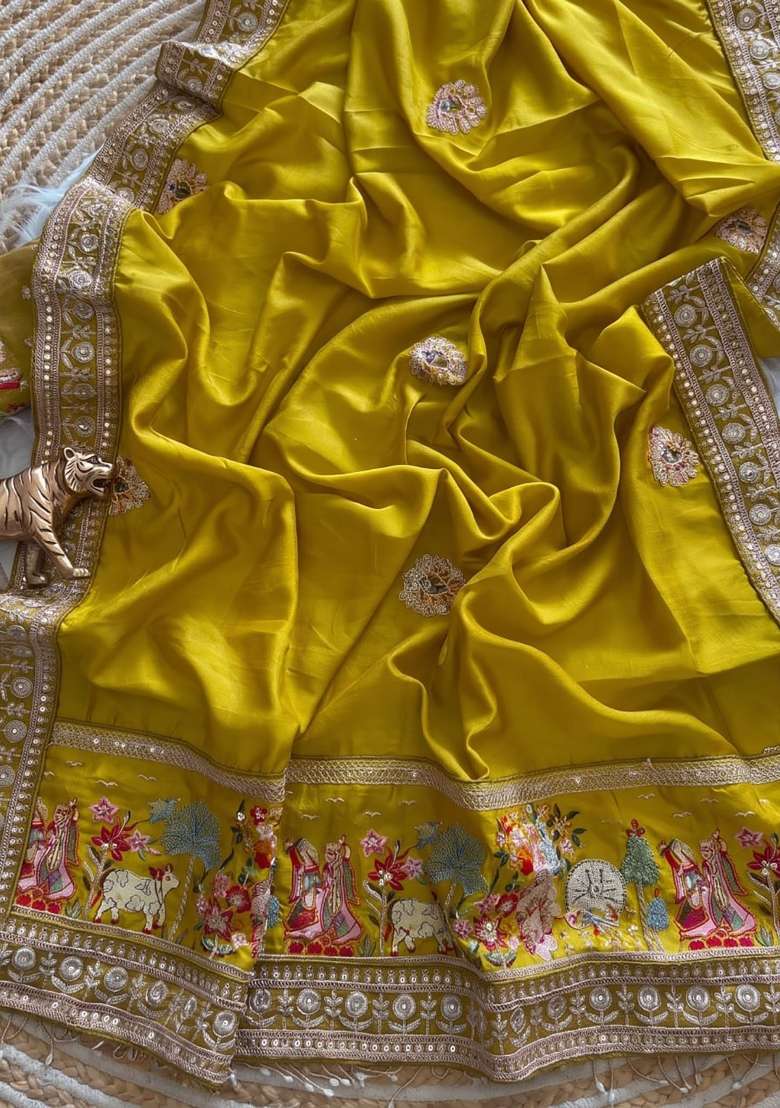 Mustard Floral Print Silk Saree Set - Indya