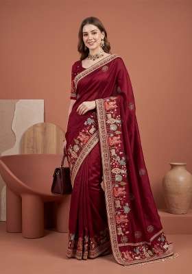 Maroon Floral Print Silk Saree Set