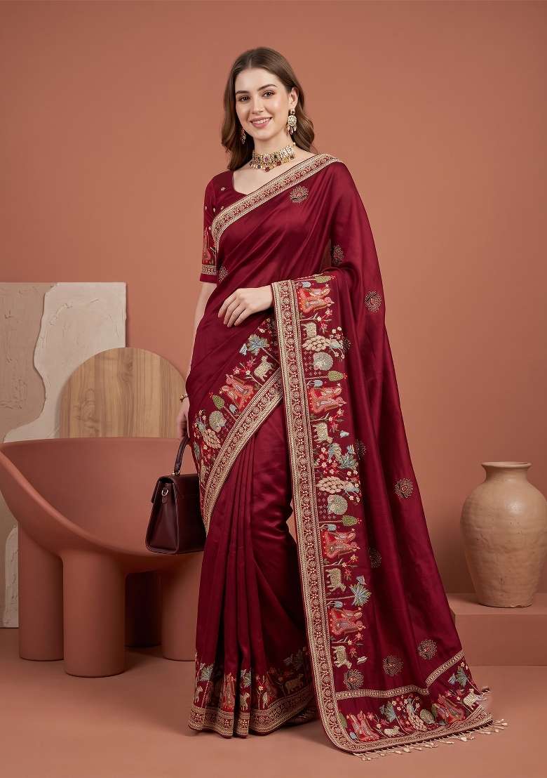 Maroon Floral Print Silk Saree Set - Indya