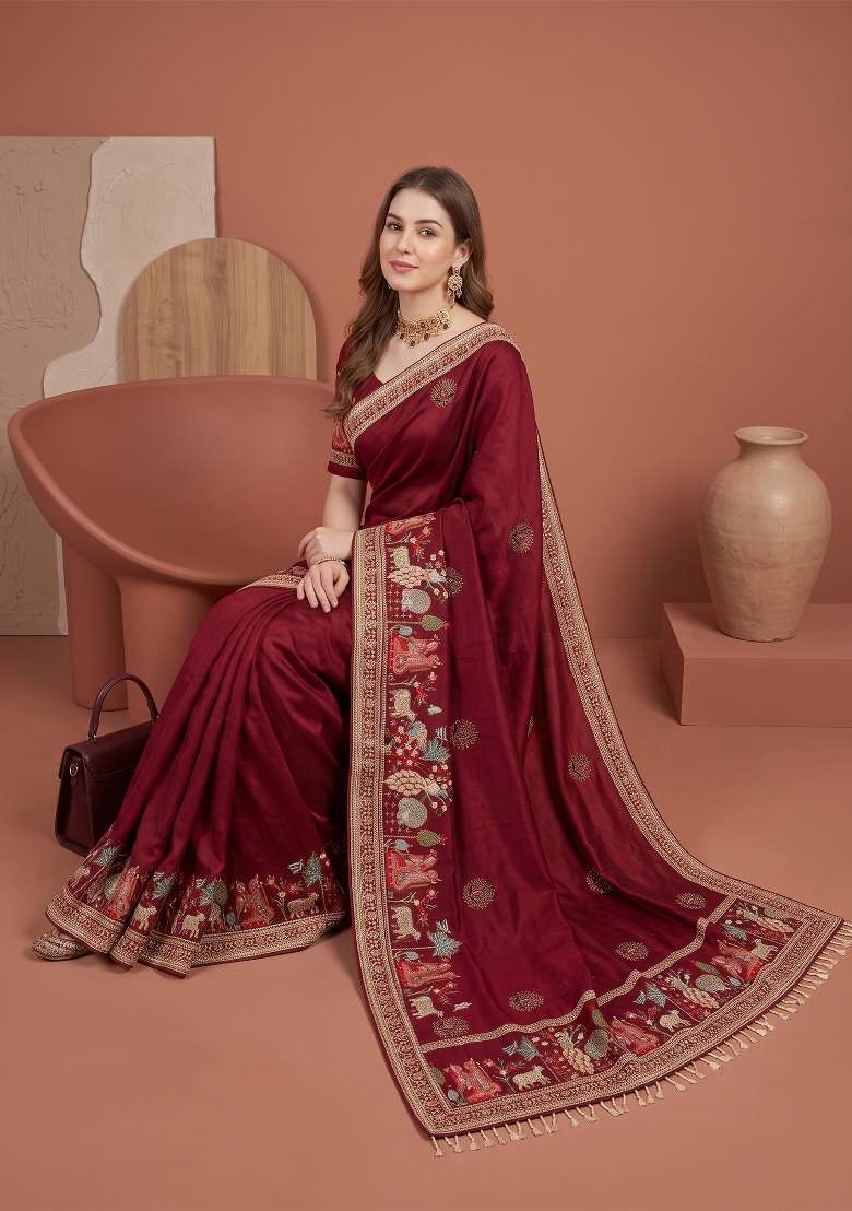 Maroon Floral Print Silk Saree Set - Indya