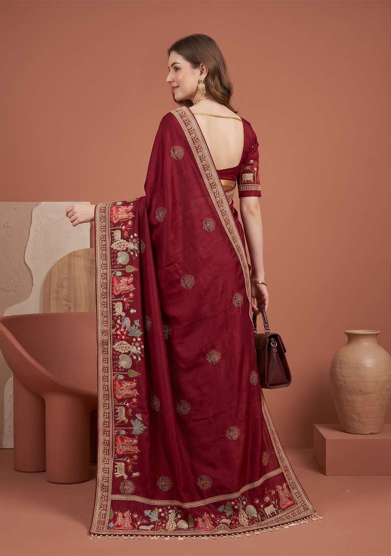 Maroon Floral Print Silk Saree Set - Indya
