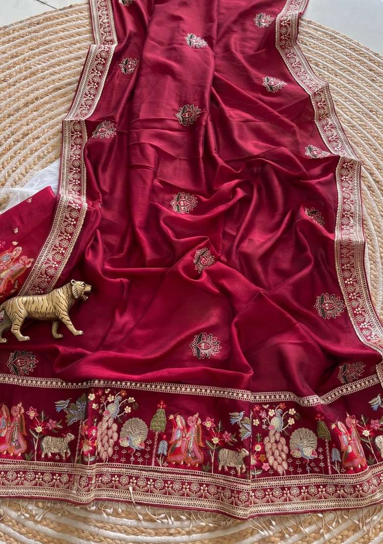 Maroon Floral Print Silk Saree Set - Indya