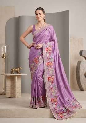 Lavender Floral Print Silk Saree Set