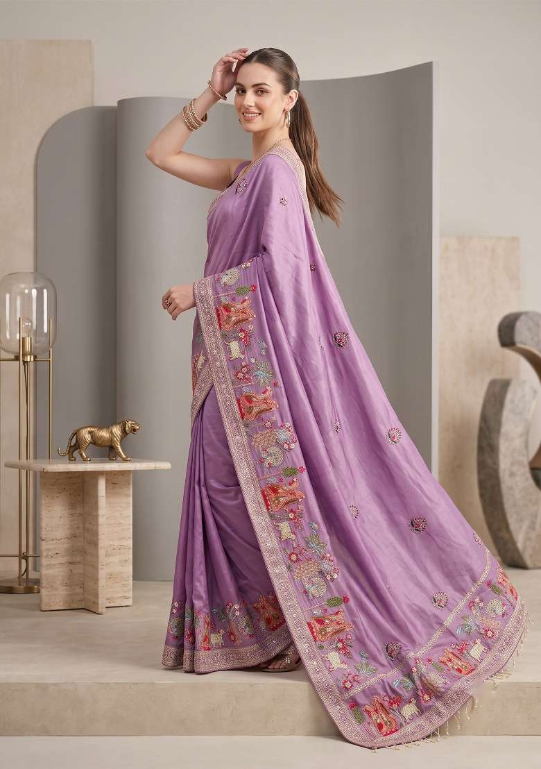 Lavender Floral Print Silk Saree Set - Indya