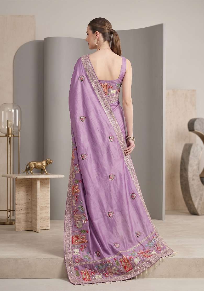 Lavender Floral Print Silk Saree Set - Indya